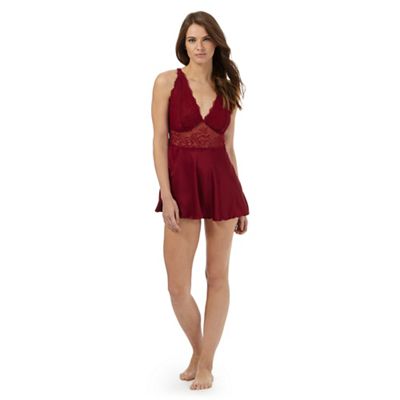 The Collection Dark red lace trim babydoll and briefs set